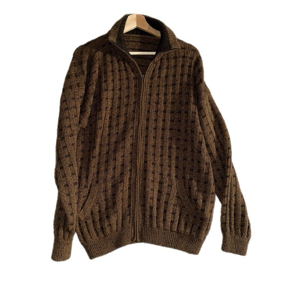 Mens Brown‎ Plaid Genuine Peru Alpaca Wool Sweater Full Zip Warm Sz XL MSRP $120